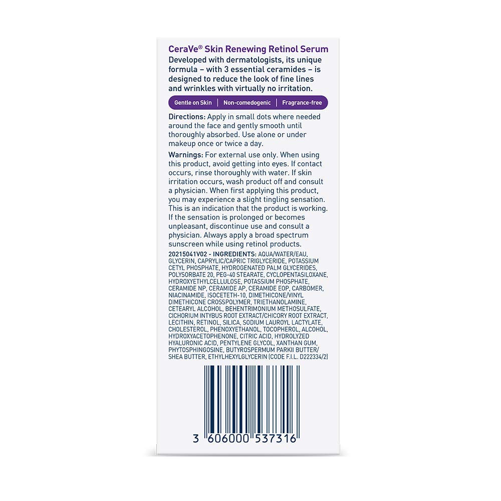 CeraVe Skin Renewing Retinol Serum Anti-aging Face Serum for Wrinkles & Fine Lines 1 fl oz