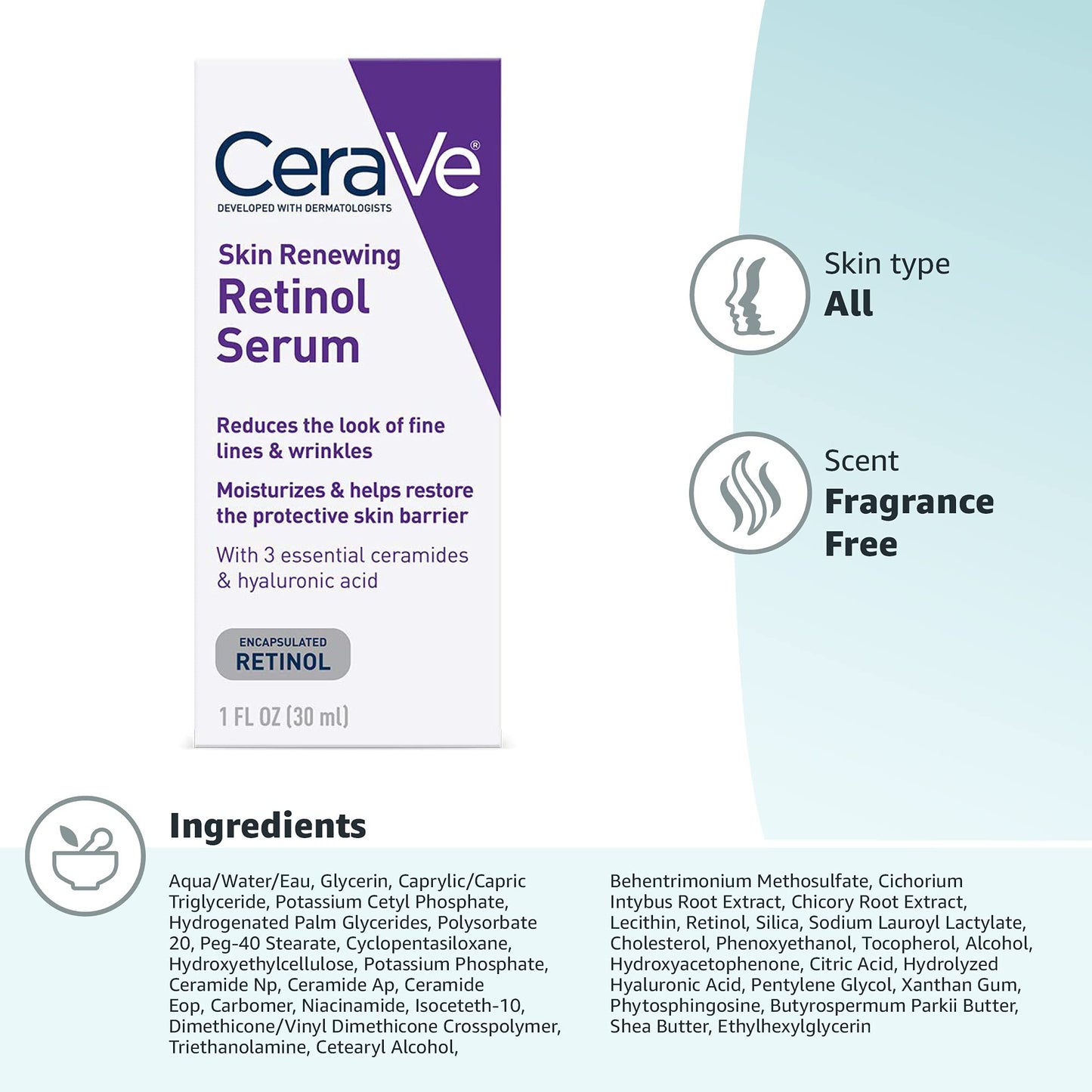 CeraVe Skin Renewing Retinol Serum Anti-aging Face Serum for Wrinkles & Fine Lines 1 fl oz
